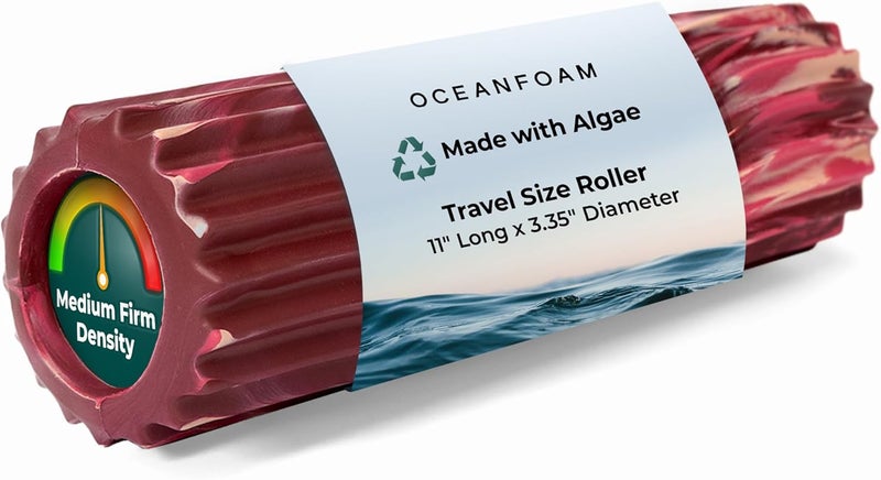 Oceanfoam Ripple Travel Foam Roller (11" x 3.35") Firm Mini Foam Roller for Physical Therapy, Deep Tissue Massage, Back Pain - High Density, Wave Textured - Yoga (Maroon, Blush & Hot Pink Marbled) - Image 1